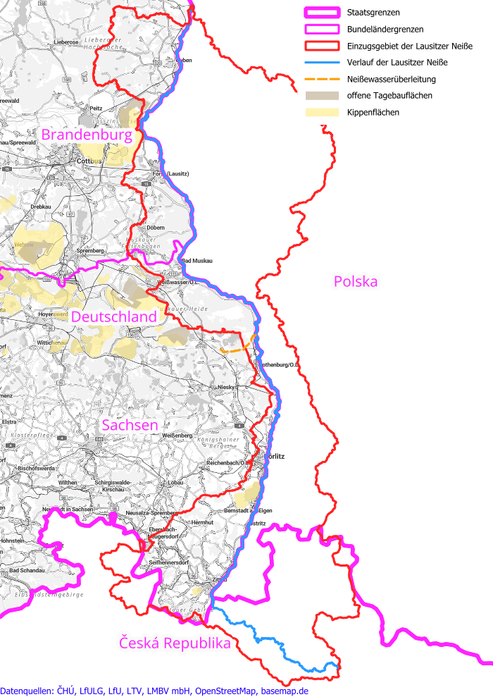 Topografische Karte mit dem Einzugsgebiet der Lausitzer Neiße und ihrem Flussverlauf.