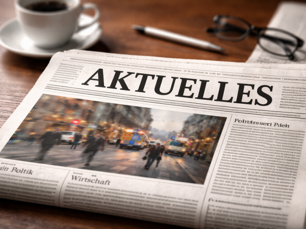 Eine Zeitung mit der Schlagzeile "Aktuelles" auf einem Tisch mit einer Kaffeetasse, Brille und einem Kugelschreiber.