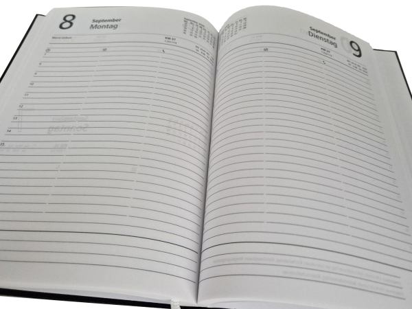 Ein aufgeschlagener Taschenkalender.
